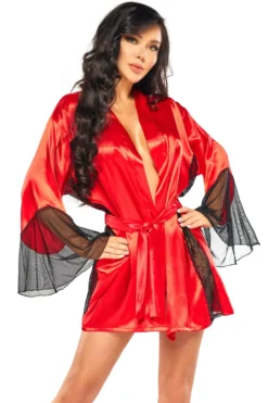 Beauty Night Fashion - Satin Kimoni mit Mesh Ärmeln und passendem String