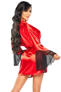 Beauty Night Fashion - Satin Kimoni mit Mesh Ärmeln und passendem String