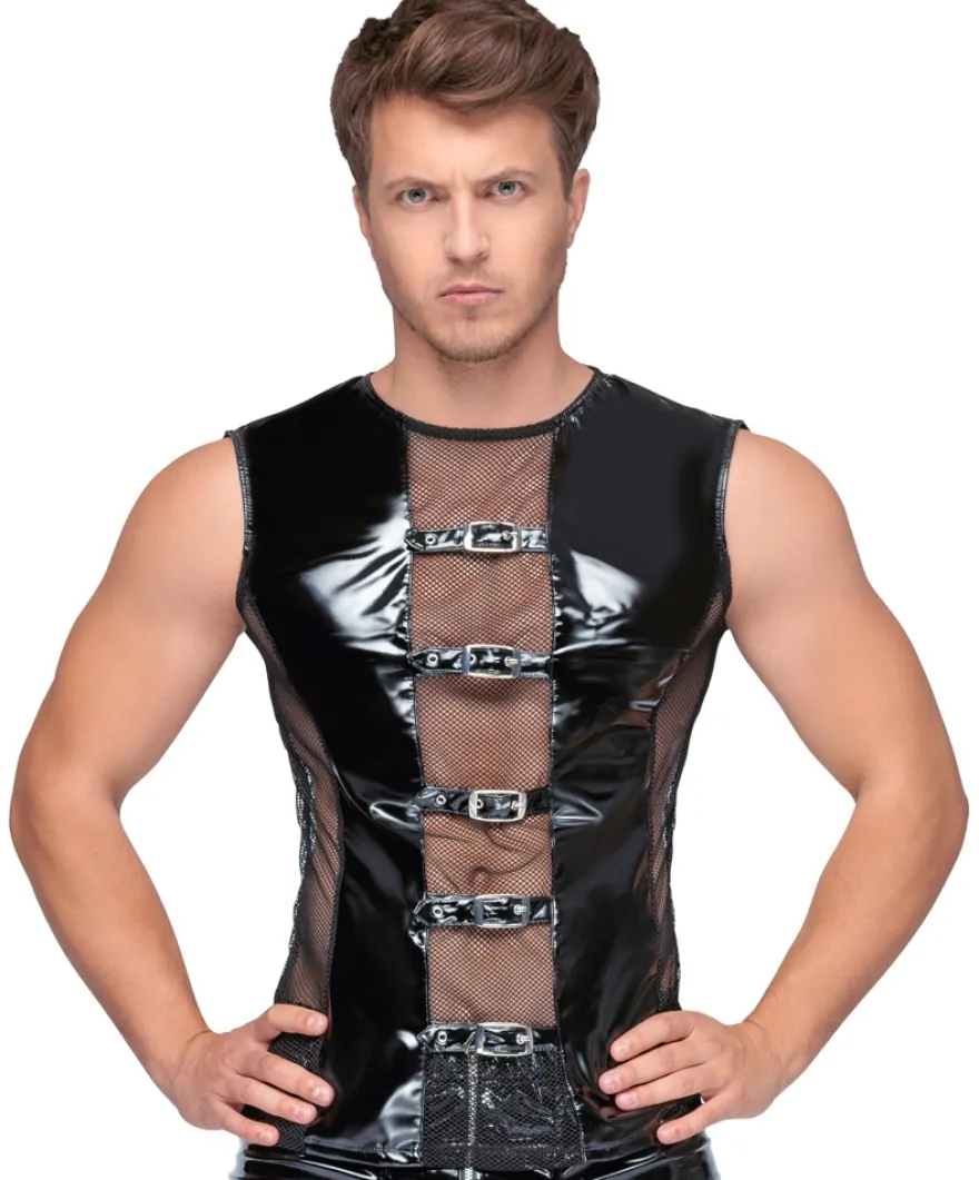 Black Level - Herren Shirt aus Lack und Mesh mit Schnallen