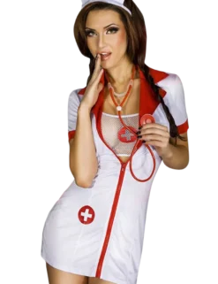 Chilirose - Sexy Krankenschwester Set mit Strümpfen und Netztop in weiß/rot