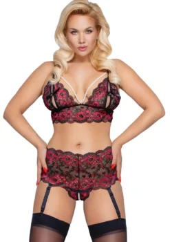 Cottelli Collection - Dessous Set aus Blütenspitze schwarz-rot
