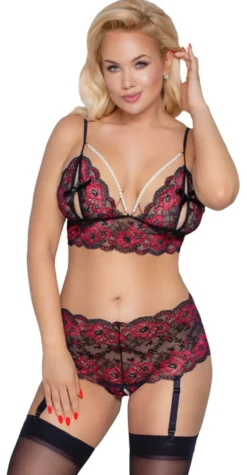 Cottelli Collection - Dessous Set aus Blütenspitze schwarz-rot