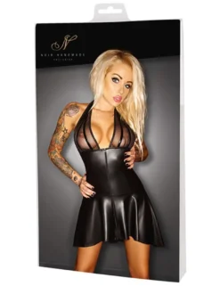 Noir Handmade Exclusive - Wetlook-Kleid mit Neckholder und Lack-Streifen