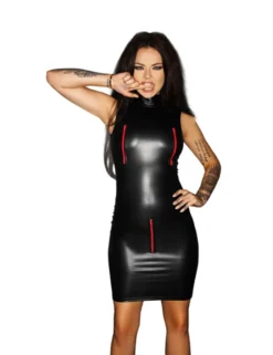 Noir Handmade - mattes Wetlook Kleid SHAMELESS mit roten Reißverschlüssen