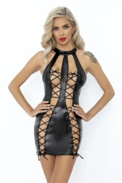 Noir Handmade - Minikleid im Wetlook mit Schnürung