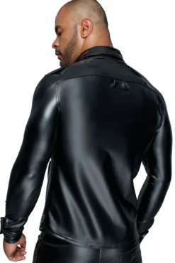 Noir Handmade-MissBehaved Collection-Langärmliges Powerwetlook & PVC Shirt mit Knopfleiste H064 schwarz