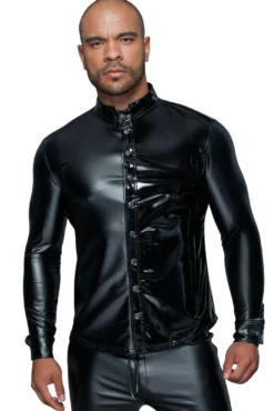 Noir Handmade-MissBehaved Collection-Langärmliges Powerwetlook & PVC Shirt mit Knopfleiste H064 schwarz