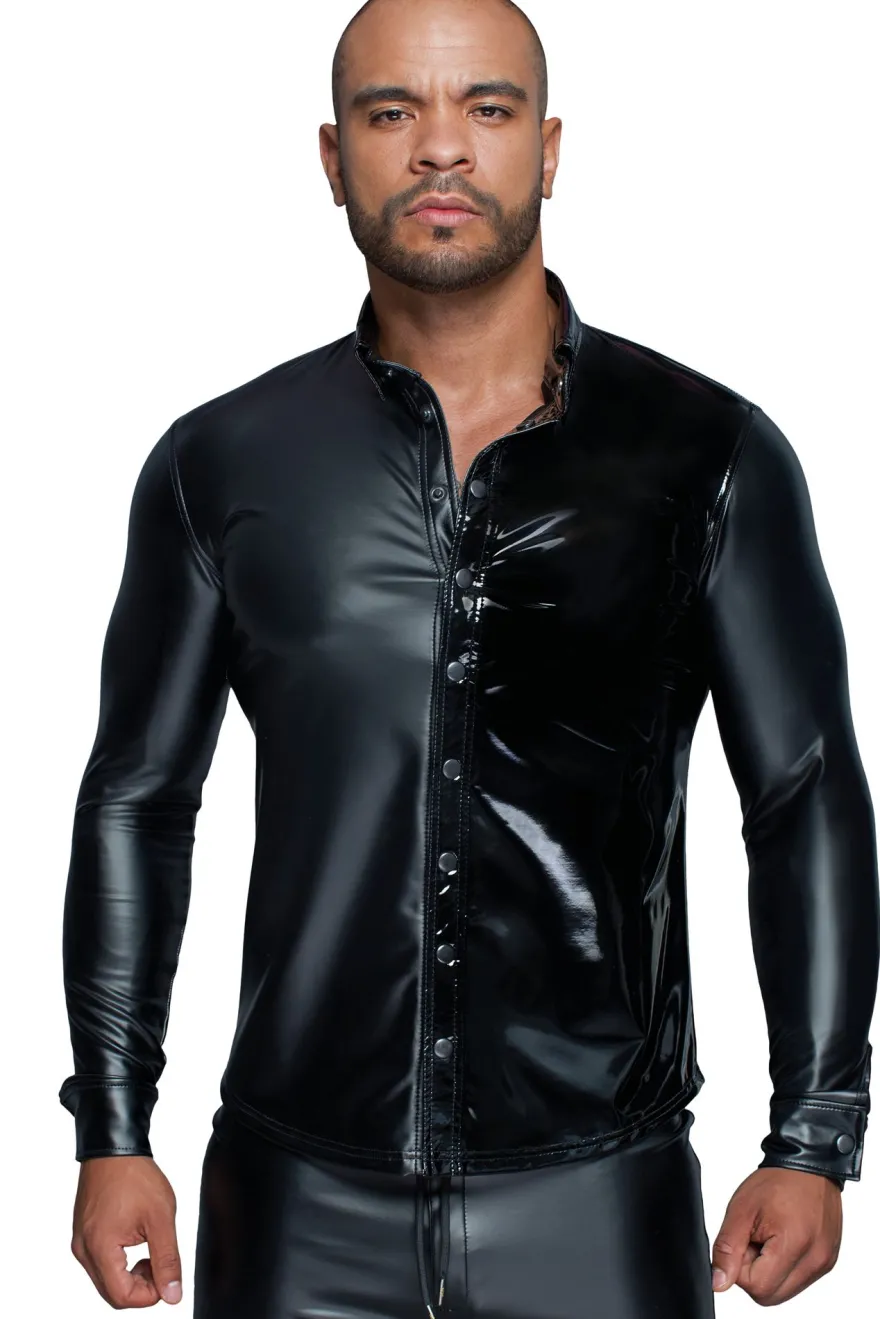 Noir Handmade-MissBehaved Collection-Langärmliges Powerwetlook & PVC Shirt mit Knopfleiste H064 schwarz