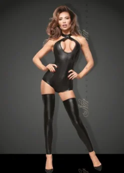 Noir Handmade - Powerwetlook Body mit Spitzen-Ausschnitt F169 schwarz
