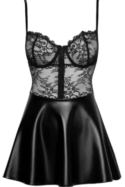 Noir Handmade - Powerwetlook Minikleid mit zarter Spitze und Reißverschluss