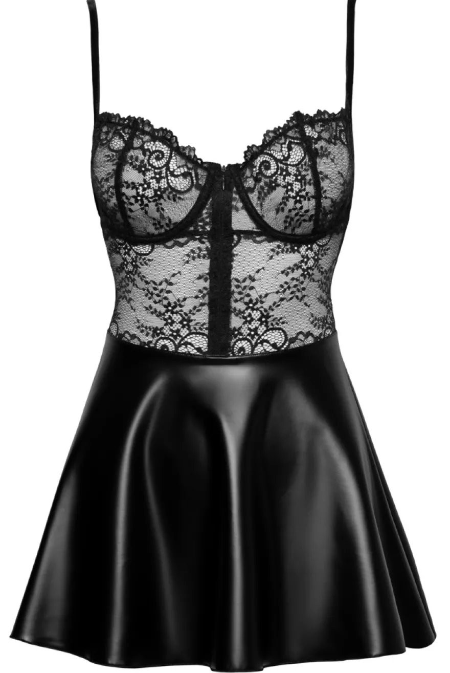 Noir Handmade - Powerwetlook Minikleid mit zarter Spitze und Reißverschluss
