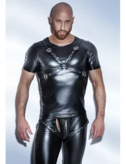 Noir Handmade - Powerwetlook-Shirt mit verstellbarem Harness aus Eco-Leather
