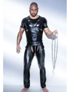 Noir Handmade - Powerwetlook-Shirt mit verstellbarem Harness aus Eco-Leather