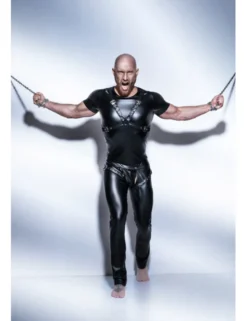 Noir Handmade - Powerwetlook-Shirt mit verstellbarem Harness aus Eco-Leather