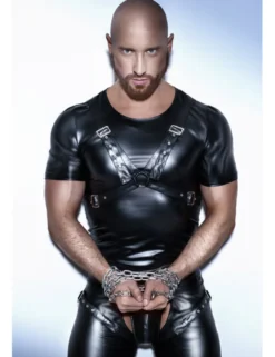 Noir Handmade - Powerwetlook-Shirt mit verstellbarem Harness aus Eco-Leather