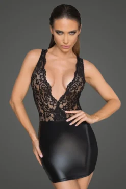 Noir Handmade - Powerwetlook und Lace Minikleid mit tiefem Ausschnitt am Rücken schwarz