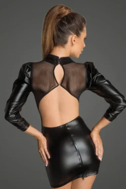 Noir Handmade - Powerwetlook- und Tüllkleid mit bauschigen Retro-Glamour-Ärmeln schwarz F201