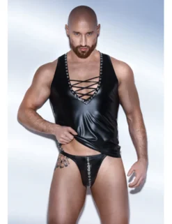 Noir Handmade - Ärmelloses Wetlook-Top mit Eco-Leather-Ösen-Tape und Schnürung