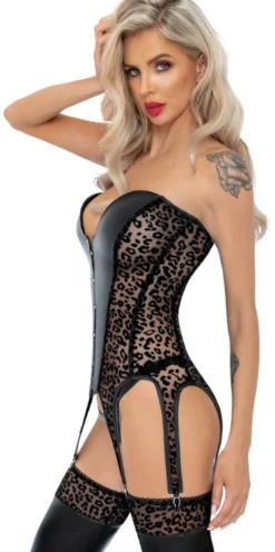 Noir Handmade - Wetlook-Mesh Strapshemd mit Leoparden Samtflockprint