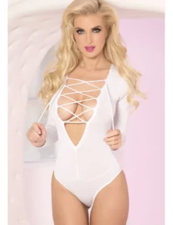 Pink Lipstick - Body mit XXL- Ausschnitt und Schnürung – weiß
