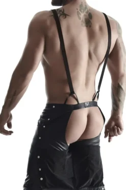 REGNES FETISH PLANET - Bermuda Short mit Hosenträgern und seitlicher Beinschnürung und aufklapbarem Hinterteil schwarz