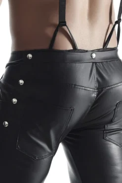 REGNES FETISH PLANET - Bermuda Short mit Hosenträgern und seitlicher Beinschnürung und aufklapbarem Hinterteil schwarz