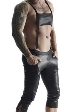 REGNES FETISH PLANET - Bermuda Short mit Hosenträgern und seitlicher Beinschnürung und aufklapbarem Hinterteil schwarz