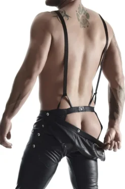 REGNES FETISH PLANET - Bermuda Short mit Hosenträgern und seitlicher Beinschnürung und aufklapbarem Hinterteil schwarz