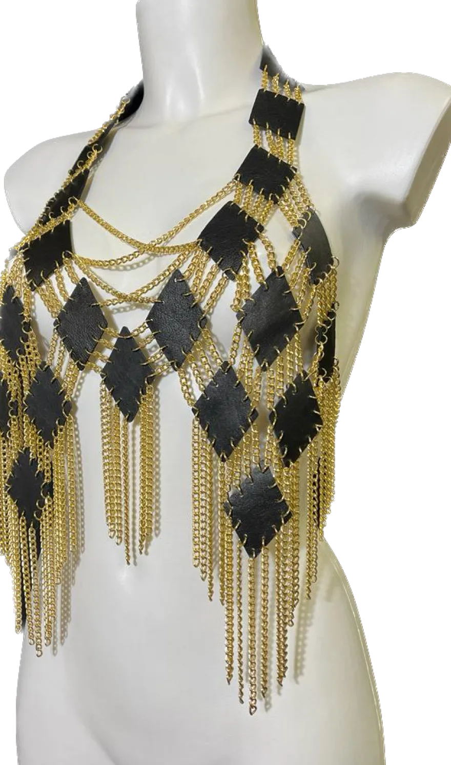 Zugeschnürt - Handmade Leder-Ketten-Top in Schwarz & Gold