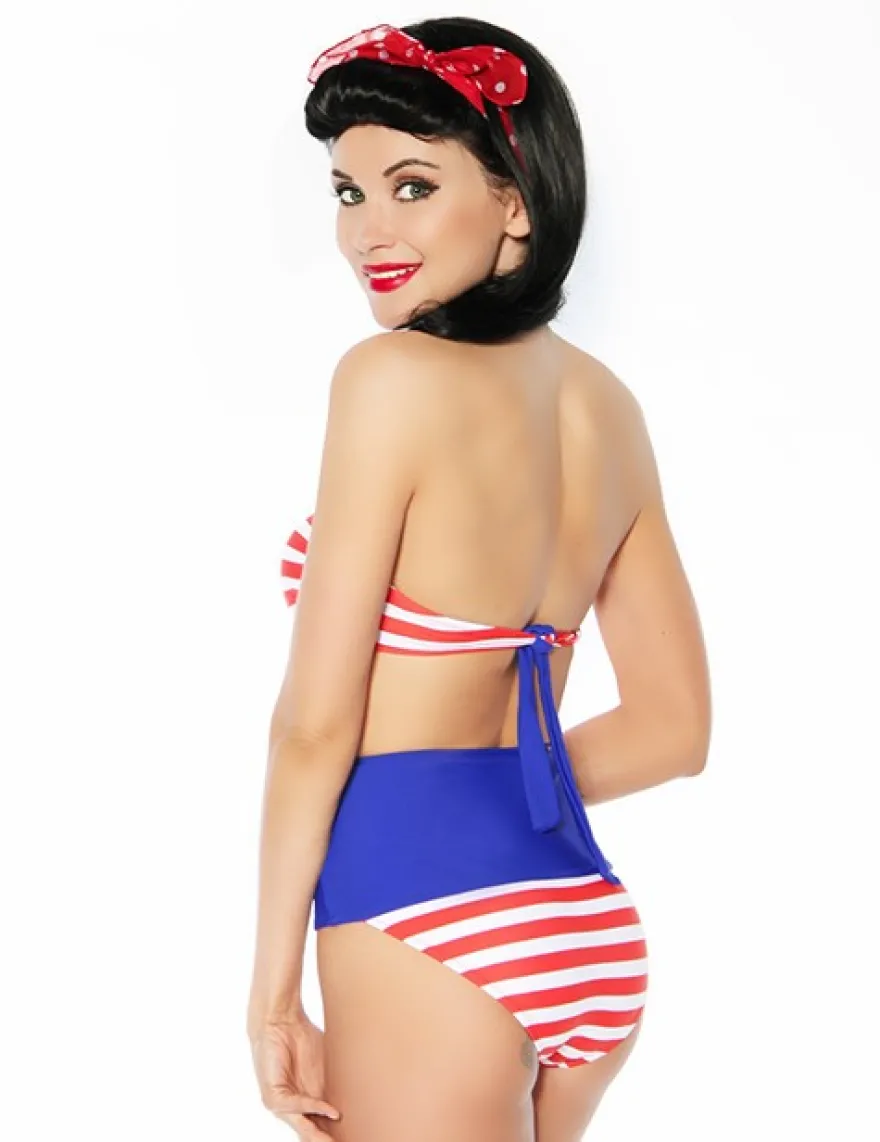 Zugeschnürt Shop - Vintage-Bandeau-Bikini mit Streifen in rot/weiß