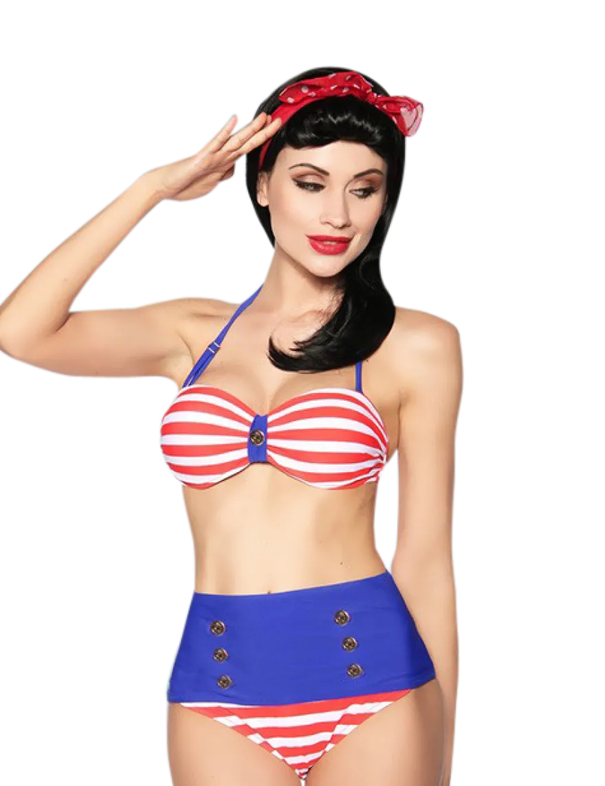 Zugeschnürt Shop - Vintage-Bandeau-Bikini mit Streifen in rot/weiß